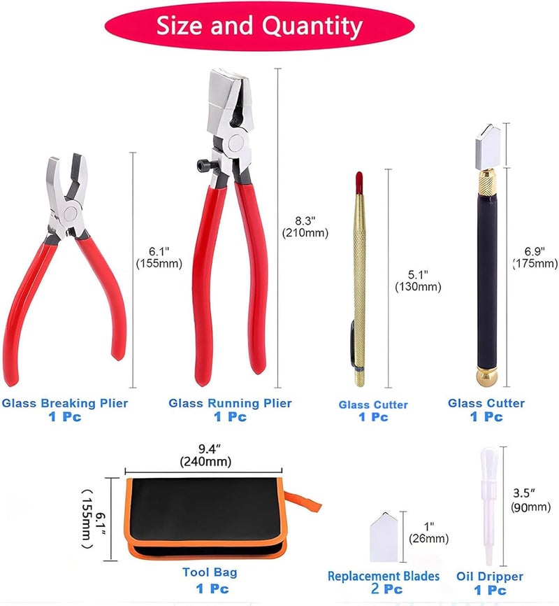 PUWANY Glass Cutters Tools Set Glass Cutting Tool kit Glass Cutter Glass Running Pliers Breaker Grozer Pliers Stained Glass Tools with Curved Jaws Zipper Package - Image 2